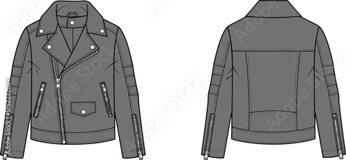 jacket biker women leather moto notched lapel zipper asymmetrical pocket flap cuff zip yoke seam panel str