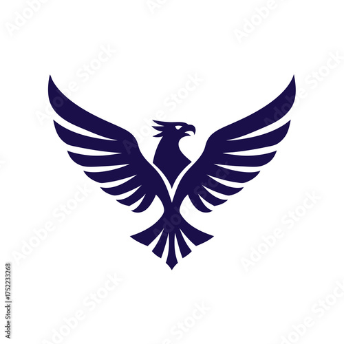 Stylized dark blue eagle or hawk flying with spread wings. Majestic bird of prey graphic silhouette icon, symbolizing strength and freedom.