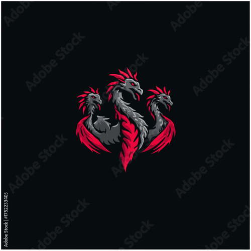 Fierce Three-Headed Dragon Mascot Logo Design. Mythical Fantasy Creature Illustration for Gaming, Esports, or Aggressive Theme.
