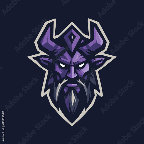 Purple horned mythical warrior king with beard and crown, fierce glowing eyes. Esport gaming mascot design, dark fantasy character emblem.