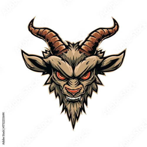 Fierce Goat Head Mascot Illustration with Glowing Red Eyes and Powerful Horns. Aggressive Vector Animal Emblem Design.