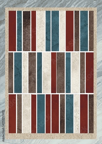 Abstract geometric rug with vertical stripes in red, blue, brown, and beige tones