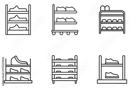 Line art shoe rack illustrations offering versatile storage solutions for footwear organization and home furnishing concepts for minimalist design aesthetics
