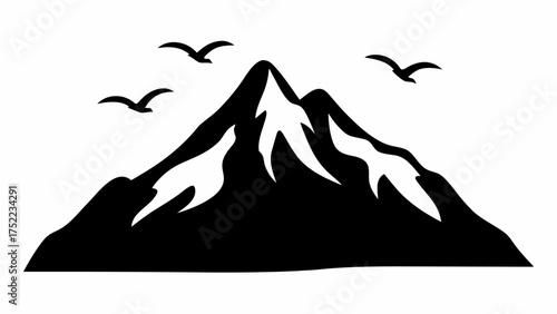 Mountain peak with snow caps and three birds flying above in a black and white minimalist illustration