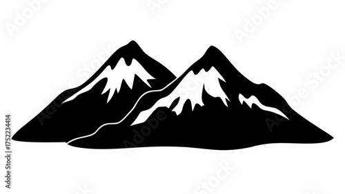 Illustration of two mountain peaks with snow caps and a connecting ridge in a monochrome black and white style