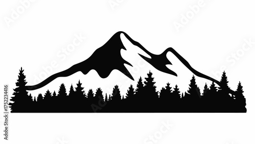 Silhouette of mountain range with coniferous trees forest landscape in black and white vector illustration