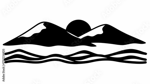 Black and white landscape with mountains, a sun, and wavy water in a minimalist style illustration