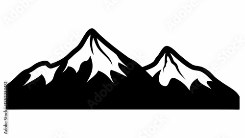 Silhouette of two mountain peaks with snow caps against a white background in a simple black and white design