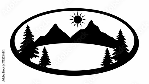 Black and white landscape of mountains with trees and sun inside an oval frame design illustration