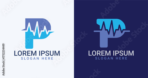 Logo design . A modern logo showcases the letter P integrated with an electrocardiogram (ECG) symbol, conveying health and wellness with a professional feel.
