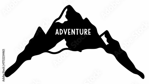 Black silhouette of mountains with snow caps and the word adventure across the peaks in a white background