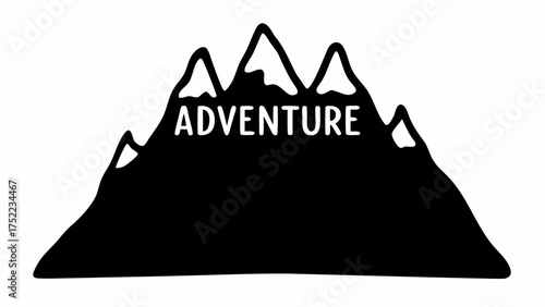 Illustration of a black mountain range with snow capped peaks and the word adventure written across it
