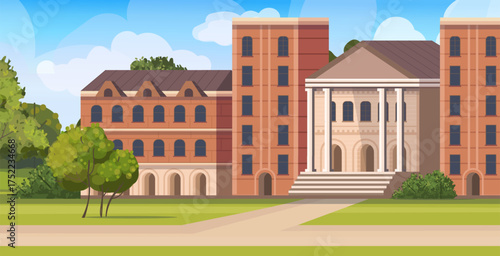 Illustration of a college or university campus with a brick building, white columns, arched windows, and green landscaping. Ideal for themes related to education and student life. 