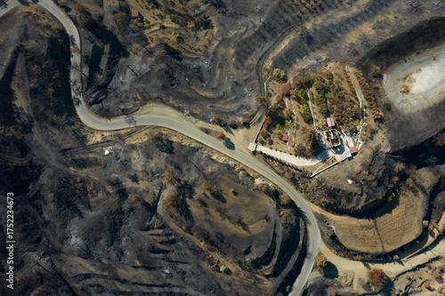 Forest land severely damaged by wildfire in a remote area with scorched earth. Wildfire burned land Cyprus