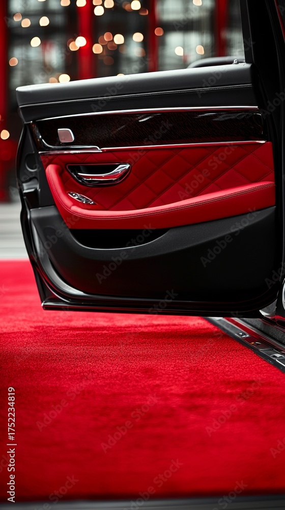Obraz premium Luxury Car Interior Detail: Open Door with Red Leather Quilted Upholstery and Red Carpet, Automotive Elegance