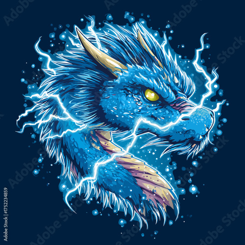 Majestic blue lightning dragon head illustration with glowing yellow eyes on a dark background. Powerful mythical creature fantasy art.