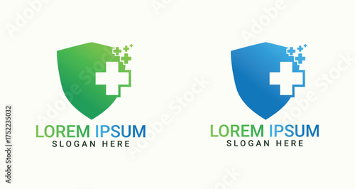 Health Emblem and Protection Icon: A modern health emblem, composed of a shield and a cross, symbolizes protection and wellness, the design also uses text space for slogan and company slogan