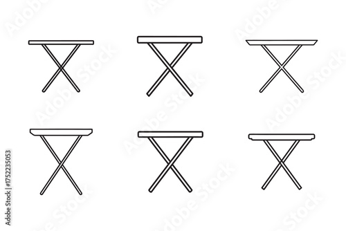 Minimalist Line Art Illustration of Folding Tables Displaying Six Different Table Variations on White Background