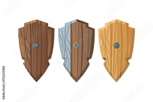 Wooden shields in various shades. vector icon