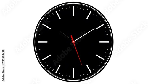 A minimalist clock face with a black background, white markings, and three hands hour, minute, and second, the last being red