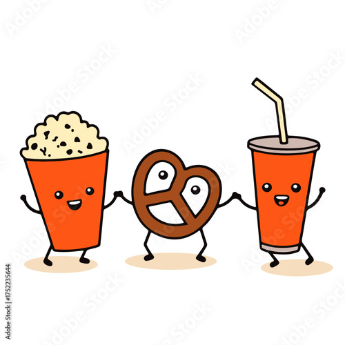 Cartoon illustration of a popcorn, pretzel, and soda cup holding hands, all with happy faces and simple design