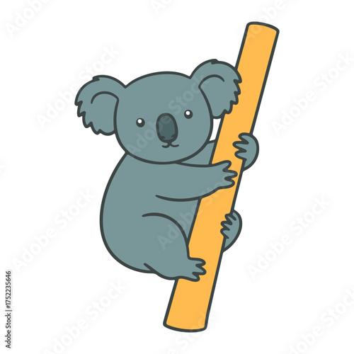 Illustration of a cute koala bear clinging to a long yellow branch in a cartoon style drawing design