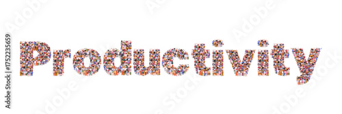 Large group of people forming the word Productivity. Concept of multitasking, time management, and success. Vector. Not AI generated.