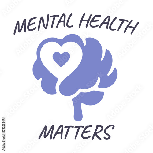 Illustration of a brain with a heart inside and the words mental health matters in black letters