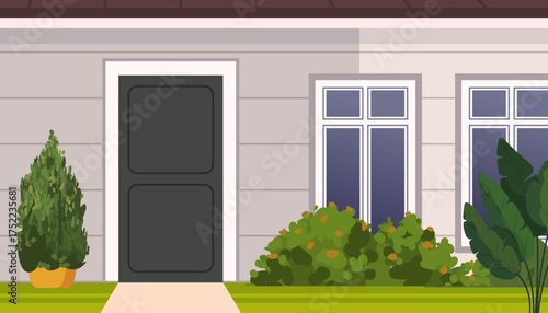 Illustration of the exterior of a residential building in a suburban neighborhood with featuring a front door, wall, windows, a driveway, a green lawn in the front yard, shrubs, and a potted plant. 