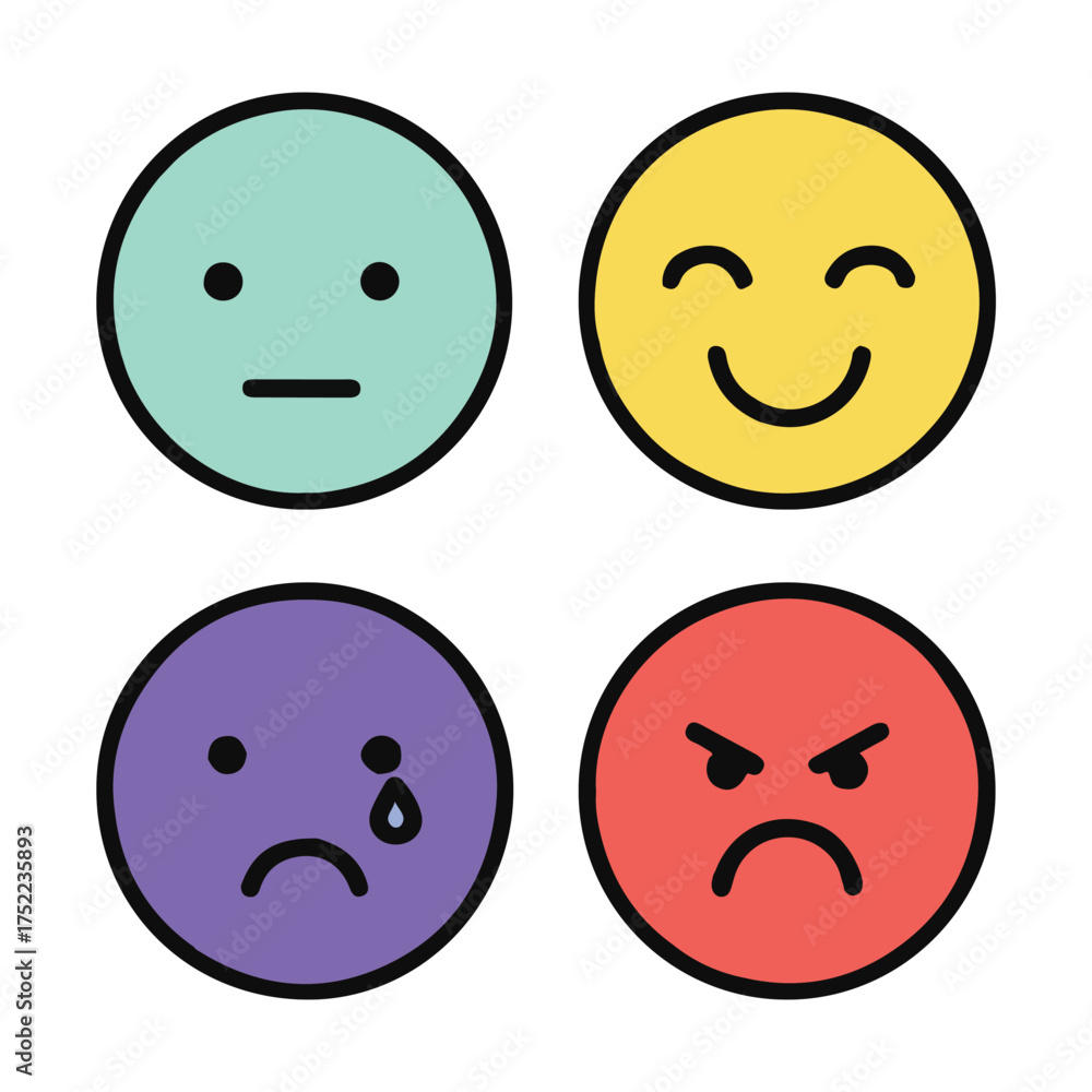Fototapeta premium Colorful Emoji Faces Set Representing Different Emotions – Happy, Sad, Angry, Neutral Icons
