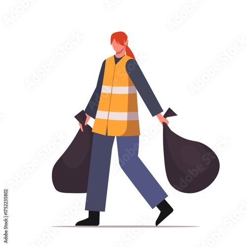  A female janitor in an orange reflective vest is carrying two bags of garbage for waste sorting and recycling. Cartoon street cleaner worker. Vector Not AI generated