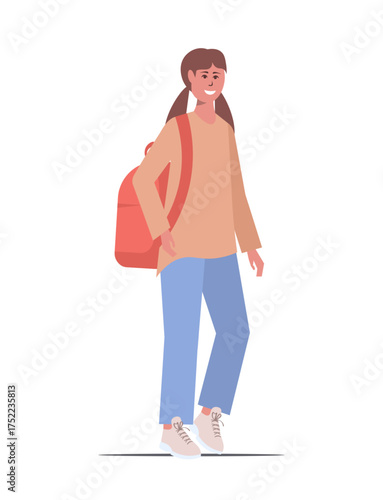  Happy schoolgirl with blonde hair in ponytails and a bright red backpack. Childhood education concept. Vector Not AI generate