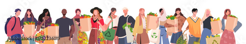 Portrait of a group of casually dressed people using reusable bags in everyday life. Ecofriendly shopping. Waste-free consumption and saving the environment. Vector. Not AI generated.