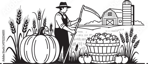 Farmer with Scythe in Field with Harvest Elements agriculture