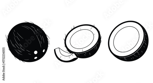 A black and white illustration of a whole and broken coconut