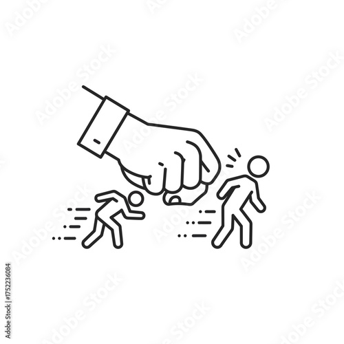 Hand of authority punching people representing power and control.