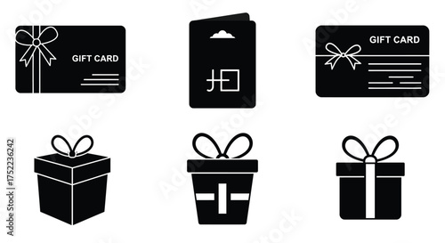 Black gift cards and present icons displayed in a simple vector style