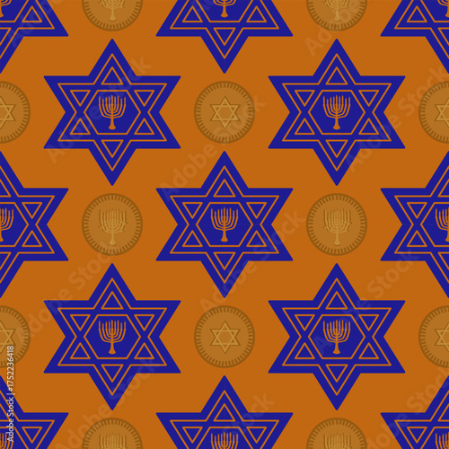 Hanukkah vector seamless pattern with Menorah, Star of David and Gelt on gold background