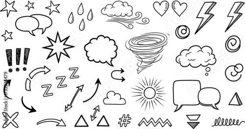 Hand Drawn Black And White Doodles with Sun, Cloud, Arrows, Hearts, Lightning, Stars