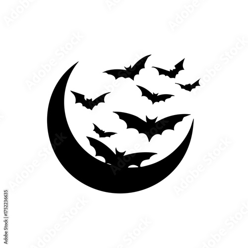 Crescent moon surrounded by flying bats, evoking a mysterious nocturnal mood and classic Halloween night atmosphere.