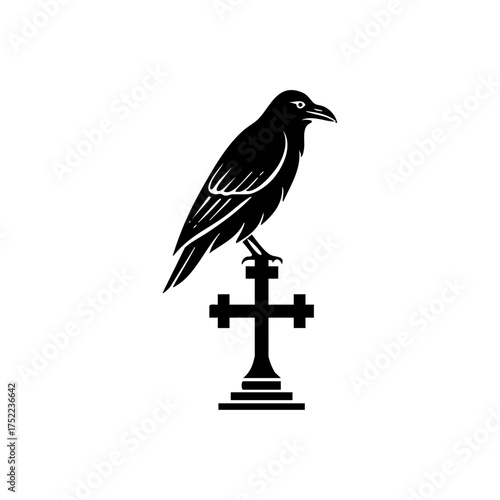 A black raven perched on a grave cross, symbolizing mystery, solitude, and the passage between life and death — perfect for gothic or Halloween-themed designs.
