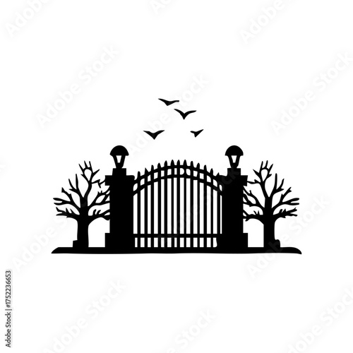 An iron graveyard gate between leafless trees with flying birds, evoking eerie atmosphere and the quiet stillness of a forgotten cemetery.
