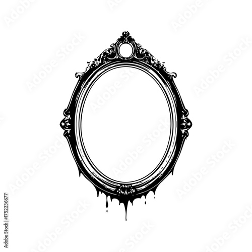An ornate antique mirror frame with dripping edges, blending elegance and horror, perfect for gothic fantasy or haunted house themes.
