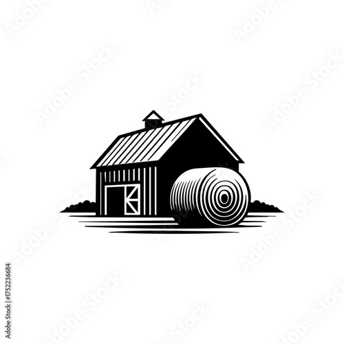 A simple barn with a rolled hay bale beside it, symbolizing rustic countryside life and harvest season in a clean minimalist style.
