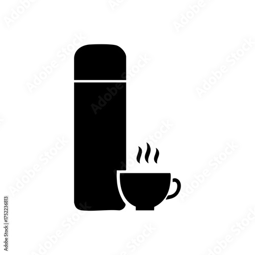 Minimalist black vector of a thermos and steaming cup, representing warmth, autumn comfort, and outdoor relaxation.
