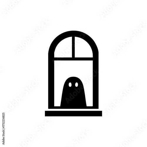 A small ghostly figure appears inside an arched window, creating a mysterious and spooky autumn night atmosphere.
