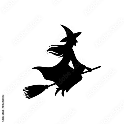 Flying witch on a broomstick representing Halloween night, freedom, and mythical folklore.
