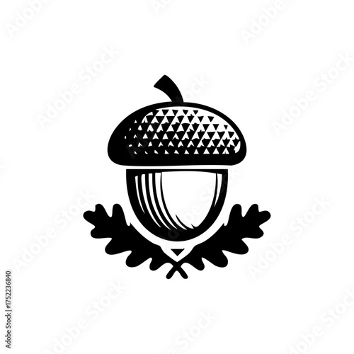 An oak acorn resting with two leaves below it, symbolizing growth, nature, and autumn harvest.
