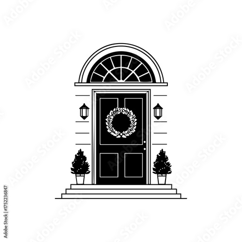 A front door decorated with a festive wreath and potted plants, evoking warmth and seasonal holiday spirit.
