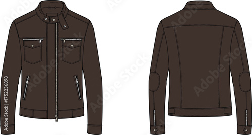 jacket leather men stand collar zipper closure pocket chest flap zip cuff elbow patch reinforced seam fitted 